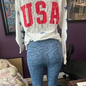 PINK Victoria's Secret White Long Sleeve Tee with Red and Blue Accents